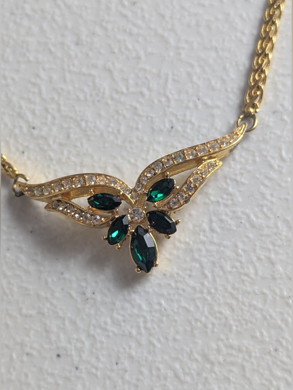 Signed Vintage Vendome Gold-Plated Marquise Green Crystal Rhinestone Necklace